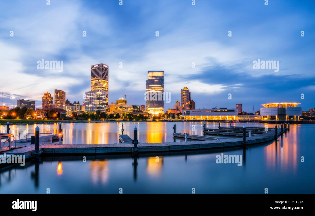 beautiful milwaukee  at night with reflection in water ,wisconsin,usa. Stock Photo