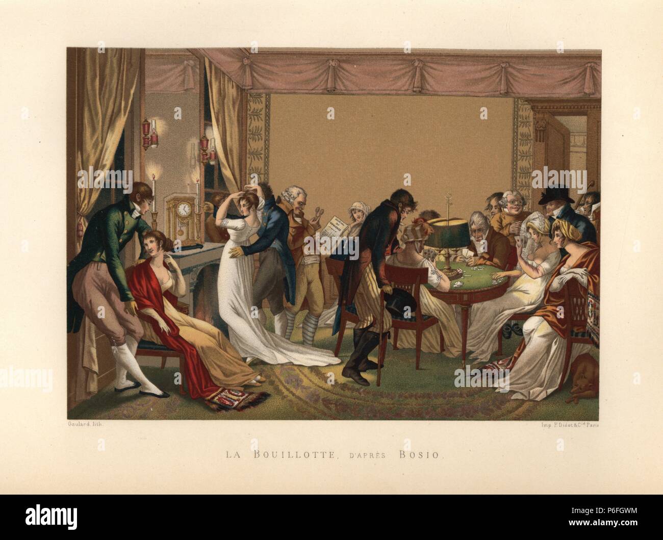 Paris salon circa 1800, with fashionable guests playing a game of cards under a bouillotte (lampshade). Drawn by Jean-Francois Bosio, lithographed by Gaulard. Chromolithograph from Paul Lacroix's 'Directoire, Consulat et Empire,' Paris, 1884. Stock Photo