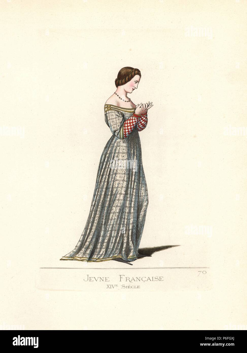 Costume of a young French woman, 14th century, from the Titius Livius manuscript. She wears her hair tied with black laces, a white dress embroidered with gold, and long bizarre cracows (shoes " Costume of a young French woman, 14th century, from the Titius Livius manuscript. She wears her hair tied with black laces, a white dress embroidered with gold, and long bizarre cracows (shoes "
