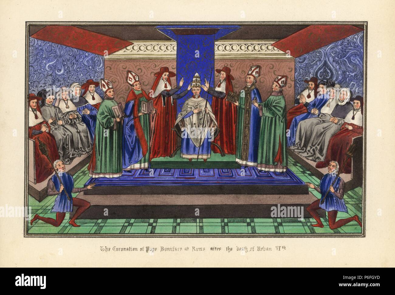 The coronation of Pope Boniface IX at Rome after the death of Pope Urban VI, 1389. Handcoloured lithograph after an illuminated manuscript from Sir John Froissart's 'Chronicles of England, France, Spain and the Adjoining Countries, from the Latter Part of the Reign of Edward II to the Coronation of Henry IV,' George Routledge, London, 1868. Stock Photo