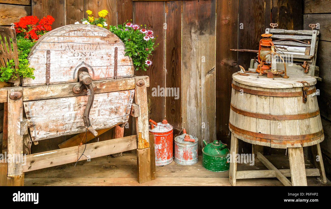 Antique wooden wringer washing machine, decorative Stock Photo