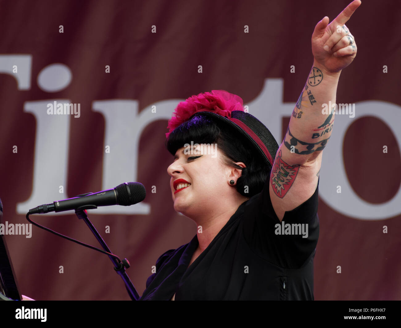Montreal, Canada. 6/29/2018. Davina and the Vagabonds deliver characteristic New Orleans jazz at the Montreal International Jazz Festival. Stock Photo