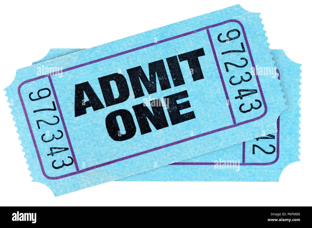 Two blue admit one movie tickets isolated on white background. Stock Photo