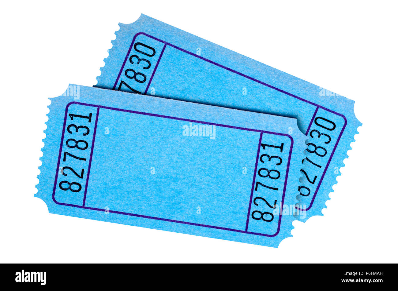 Pair of blank blue movie or raffle tickets isolated on white background.  Space for copy. Stock Photo