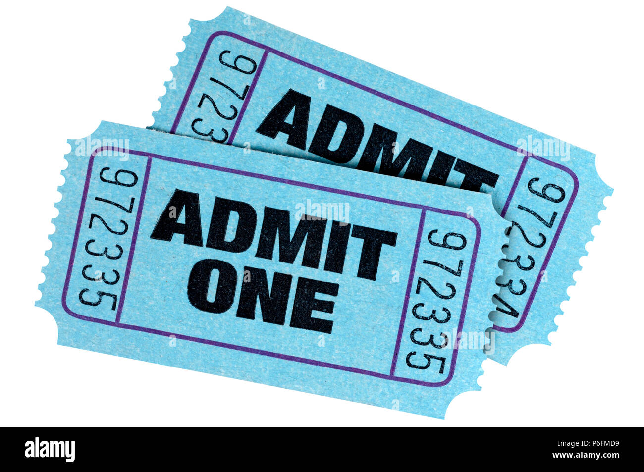 Two blue admit one movie tickets isolated on white background. Stock Photo