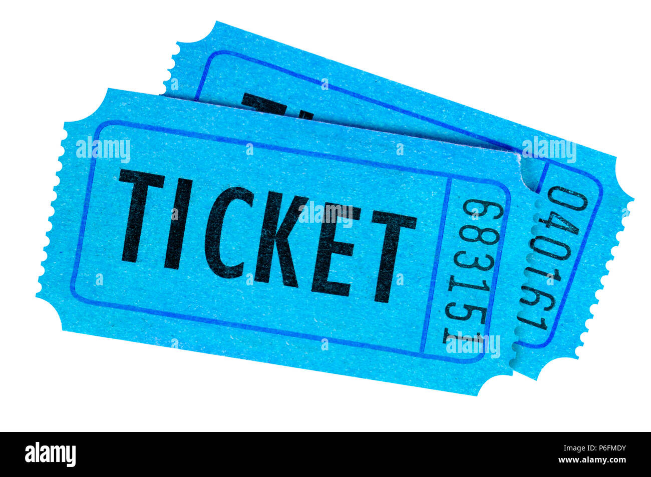 Two blue movie or raffle tickets isolated on a white background. Stock Photo