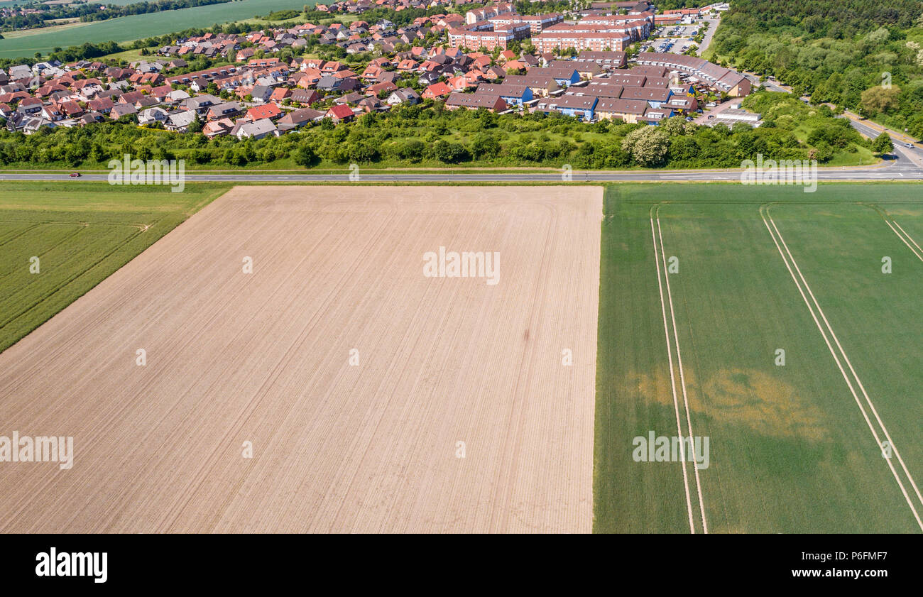 Aerial view of a suburb on the outskirts of Wolfsburg in Germany, with