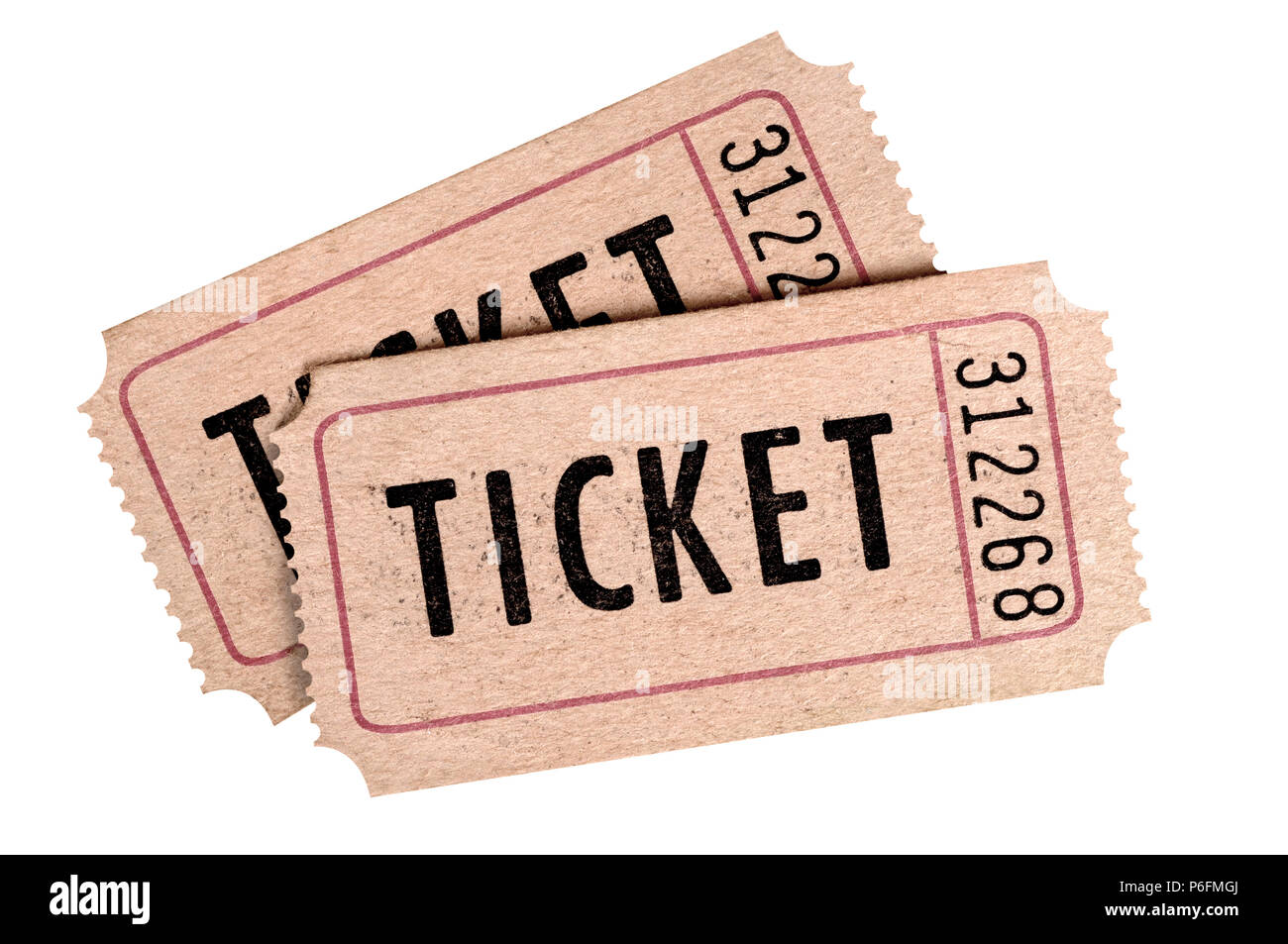 Two old movie tickets isolated on a white background. Stock Photo