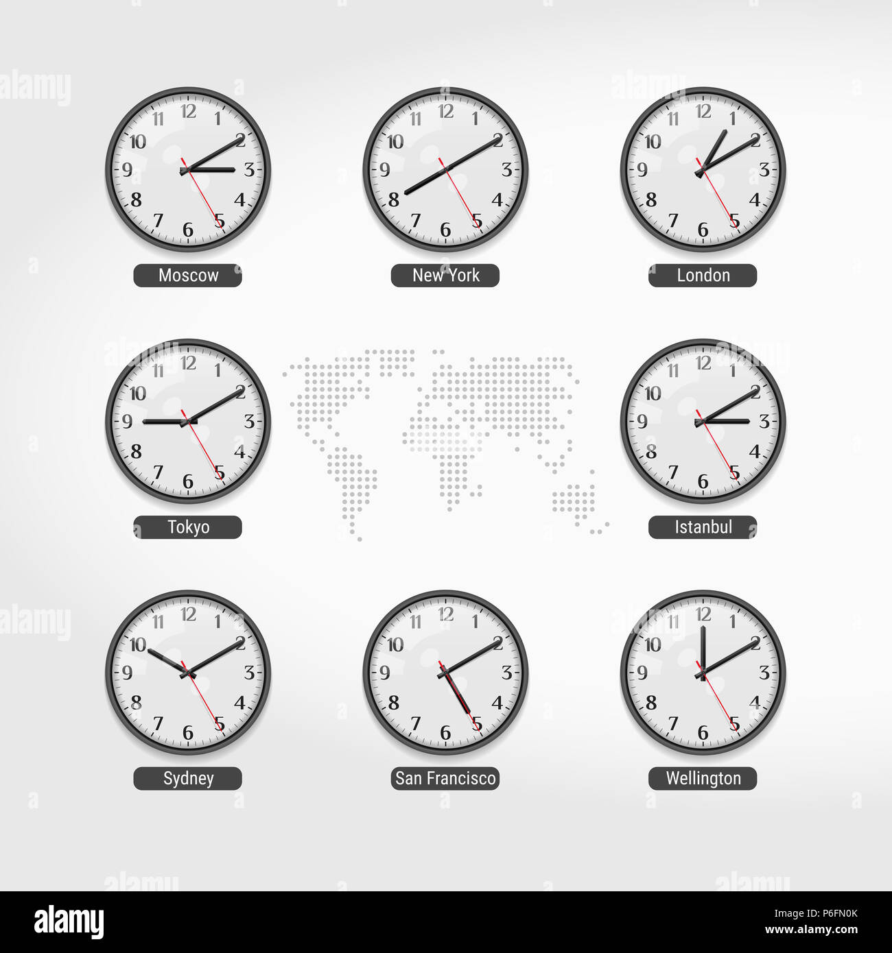 World Time Clocks Current Time In Famous World Cities Hotel Or Stock 