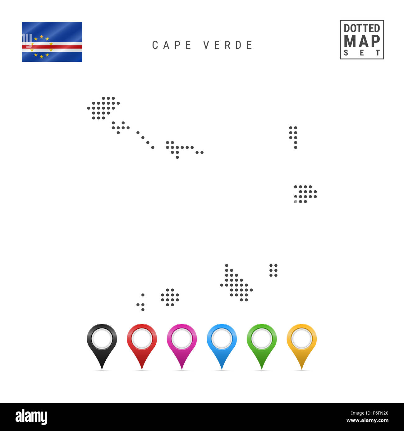 Dotted Map of Cape Verde. Simple Silhouette of Cape Verde. The National Flag of Cape Verde. Set of Multicolored Map Markers. Illustration Isolated on  Stock Photo