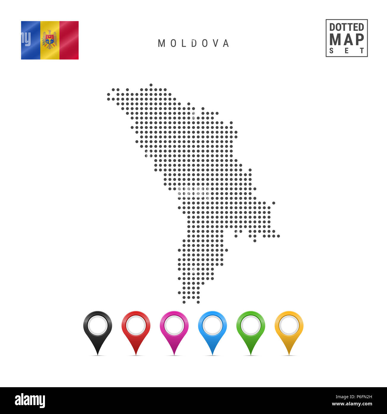 Dotted Map of Moldova. Simple Silhouette of Moldova. The National Flag of Moldova. Set of Multicolored Map Markers. Illustration Isolated on White Bac Stock Photo