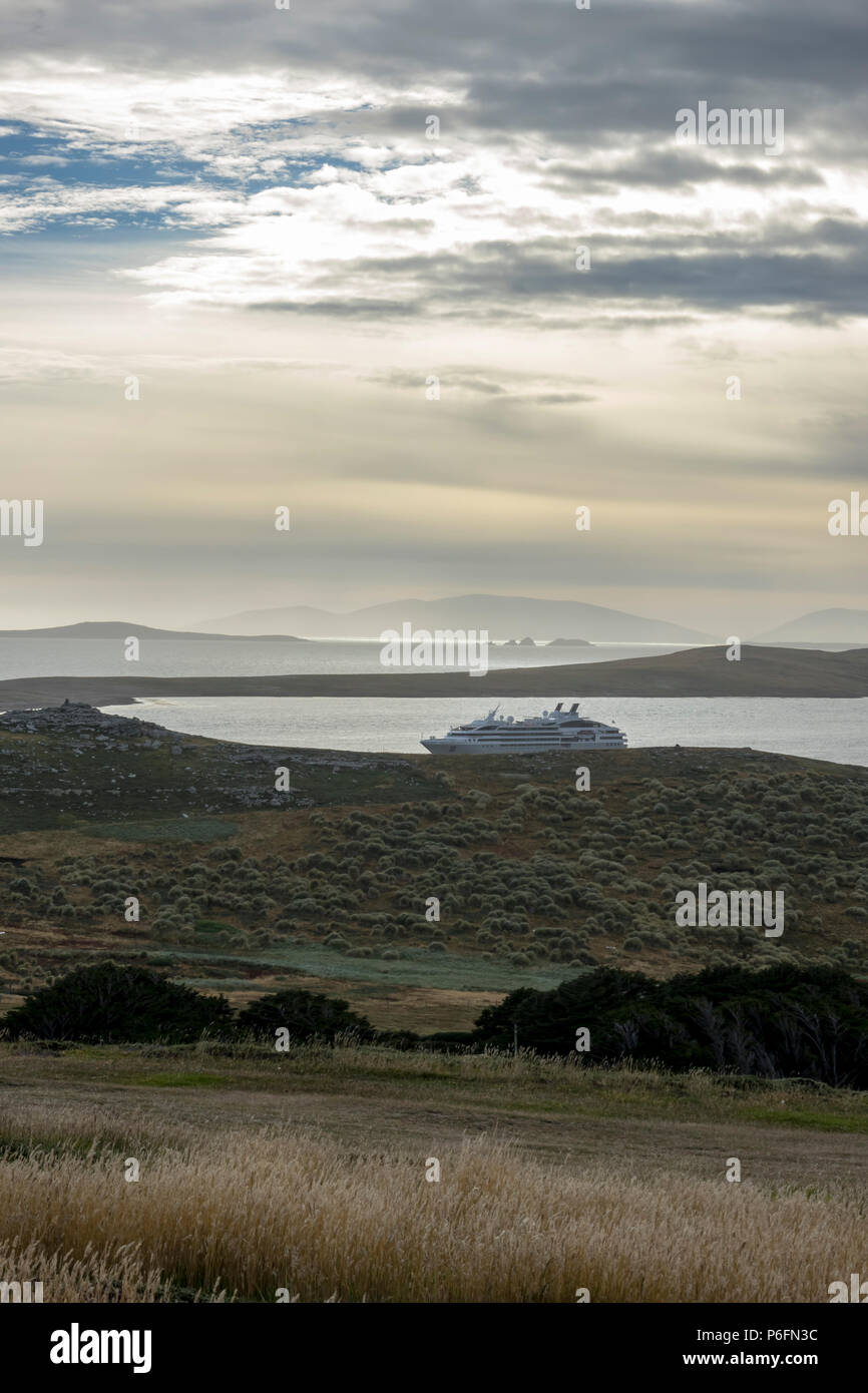 Le Lyrial in early morning light at West Point Island, Falkland Islands Stock Photo