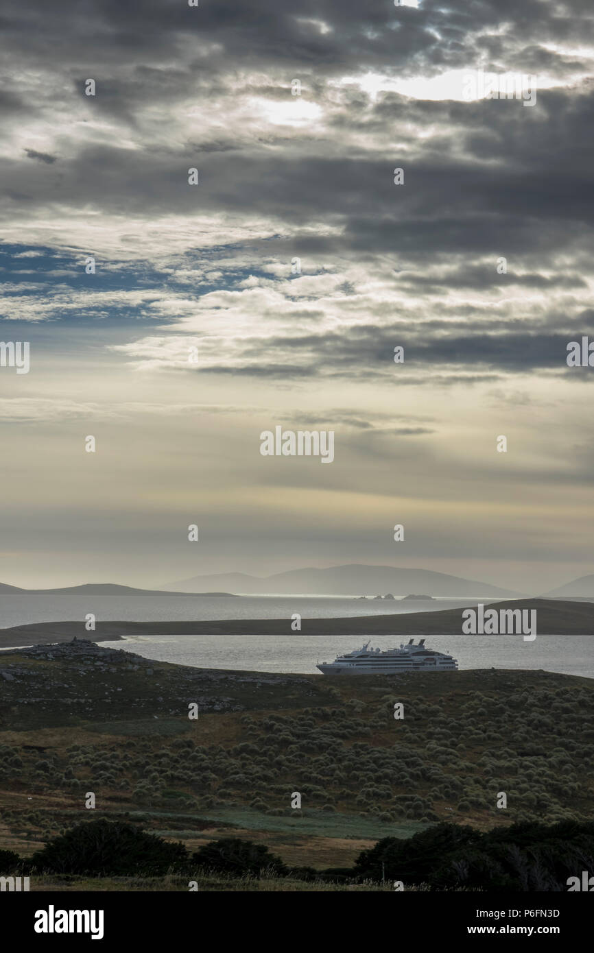 Le Lyrial in early morning light at West Point Island, Falkland Islands Stock Photo