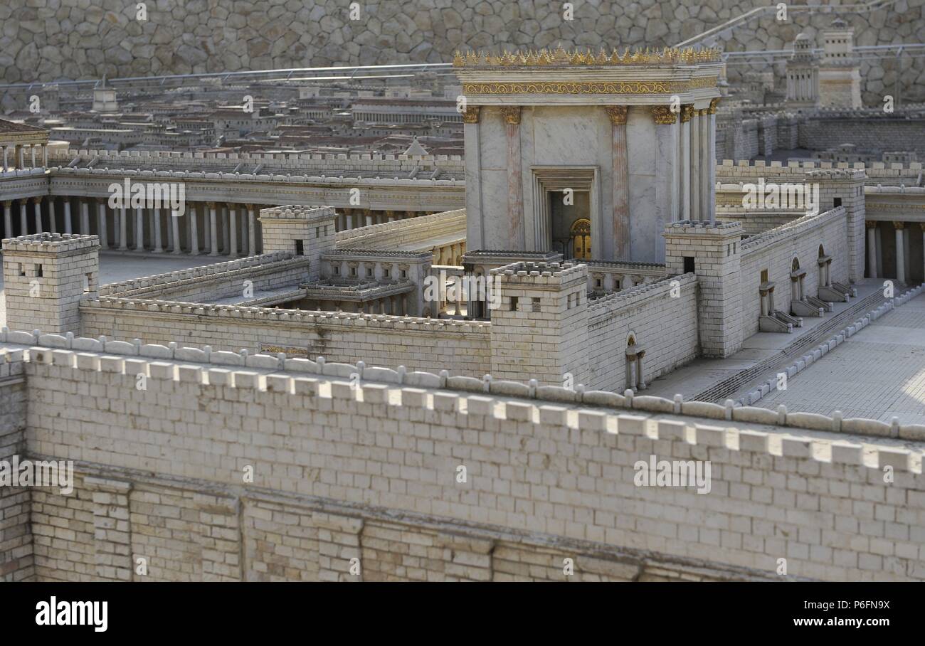 Model of the city of Jerusalem and the so-called Second Temple destroyed by the Romans in 70 AD. Israel. Scale 1:50. Stock Photo