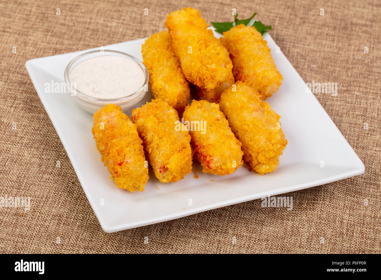 Crab meat sticks tempura with sauce Stock Photo Alamy
