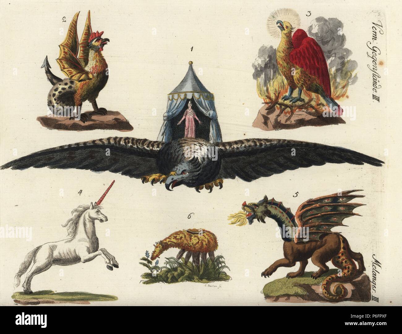 Mythical creatures: roc bird 1, basilisk 2, phoenix 3, unicorn 4, vegetable lamb of Tartary Agnus scythicus or Planta Tartarica Barometz, 5, and dragon 6. Handcoloured copperplate engraving after Christian Muller from Friedrich Johann Bertuch's Bilderbuch fur Kinder (Picture Book for Children), Weimar, 1792. Stock Photo