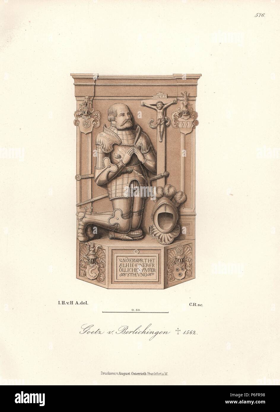 Gottfried Goetz von Berlichingen, died 1562. German Imperial Knight and mercenary kneeling, in suit of armour, with helm and coat of arms. From his tombstone in Schoenthal Priory. Chromolithograph from Hefner-Alteneck's 'Costumes, Artworks and Appliances from the Middle Ages to the 17th Century,' Frankfurt, 1889. Illustration by Dr. Jakob Heinrich von Hefner-Alteneck, lithographed by C. Regnier. Dr. Hefner-Alteneck (1811-1903) was a German museum curator, archaeologist, art historian, illustrator and etcher. Stock Photo