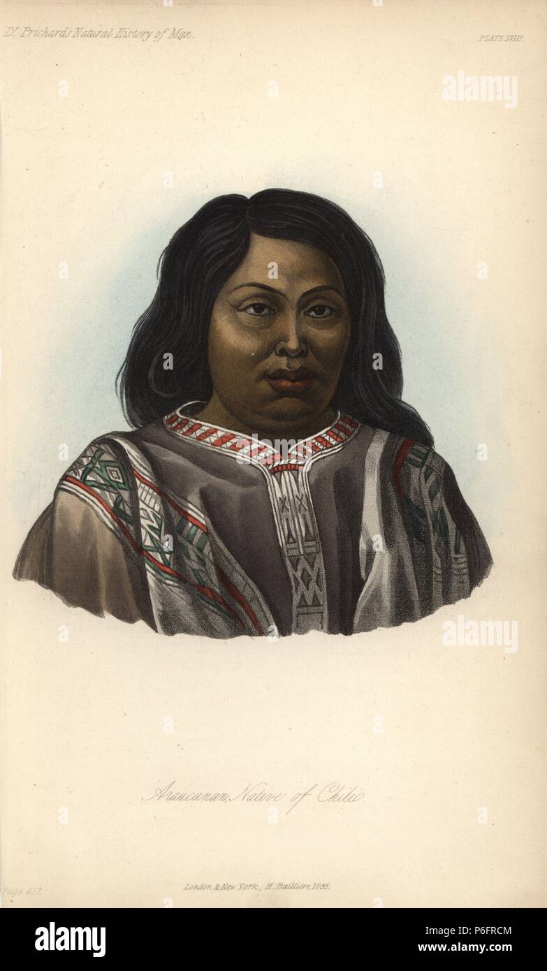 Woman of the Mapuche people, Araucania, Chile, in traditional poncho. In  the 1890s, the Chilean government occupied the Araucania, forced the Mapuche  into camps and decimated the population. Handcoloured lithograph by J.
