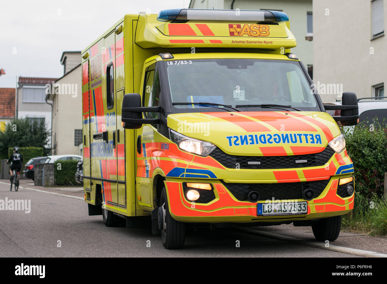 Rettungswagen des ASB im Einsatz - ambulance during an emergancy Stock Photo