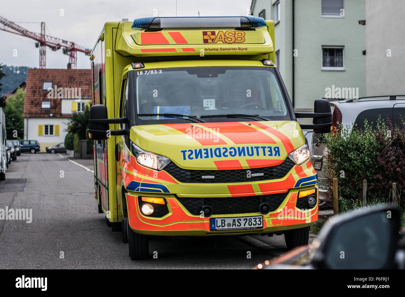 Rettungswagen des ASB im Einsatz - ambulance during an emergancy Stock Photo