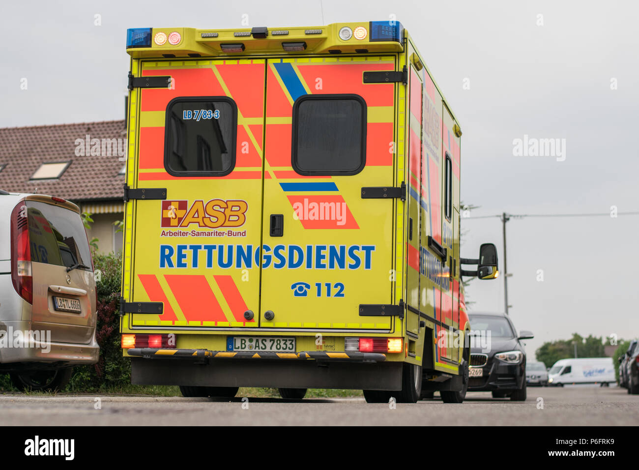 Rettungswagen des ASB im Einsatz - ambulance during an emergancy Stock Photo