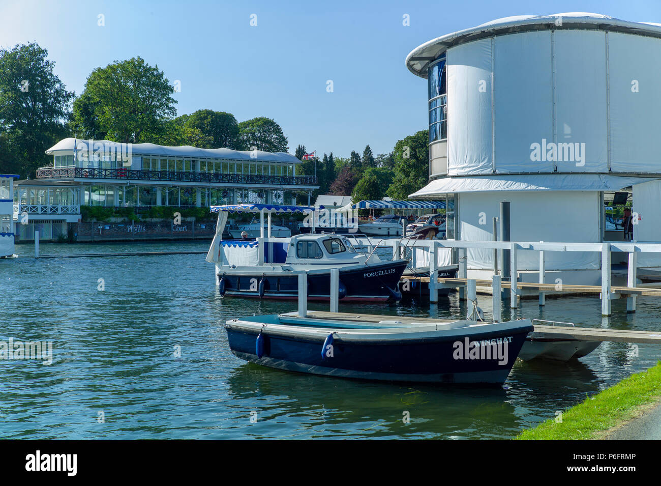 Henley on Thames, United Kingdom, 29th June 2018, Friday, 'Henley Royal Regatta', Qualifying races, [Time Trails] Official, Regatta, Launches, moored by the 'Floating Grandstand' with the Phyllis Court Club, Glazed Stand in the Background, Henley Reach, River Thames, Thames Valley, England, © Peter SPURRIER, 29/06/2018 Stock Photo