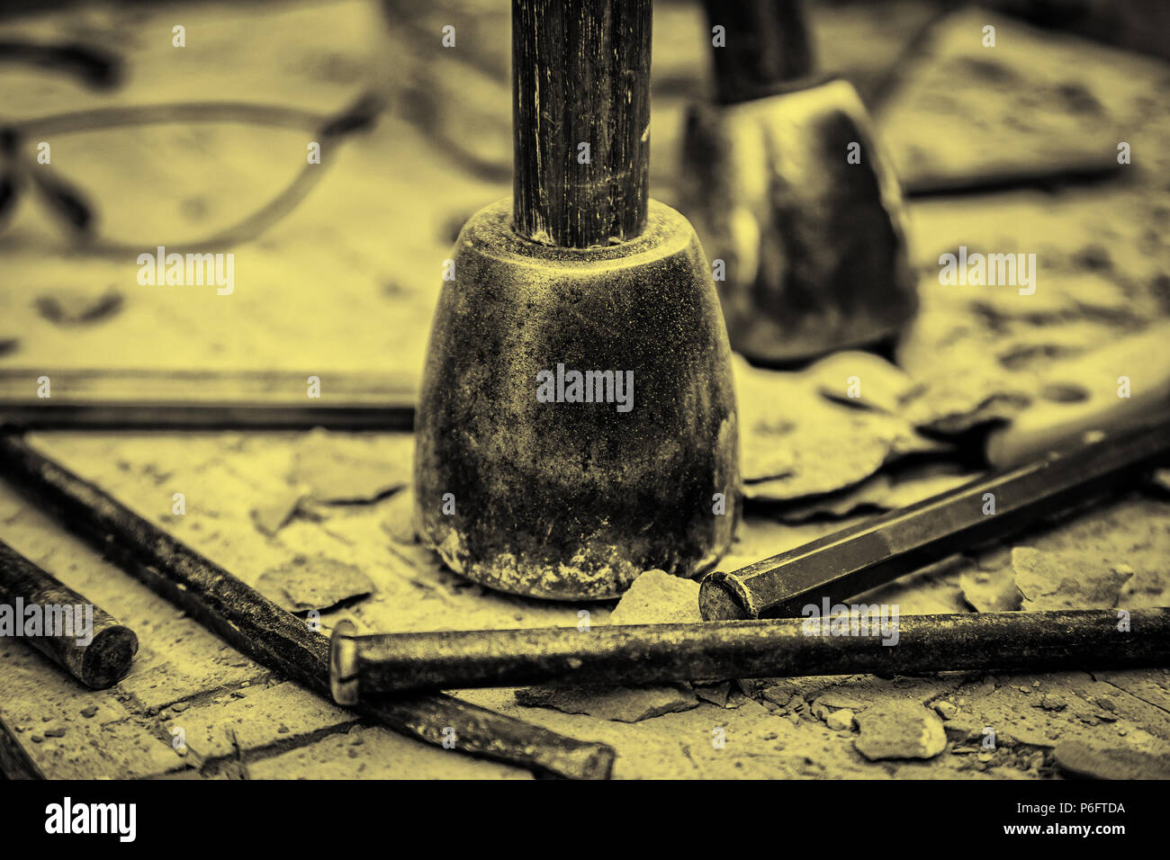 Old tools for stone carving handcrafted, detail of a manual craft Stock