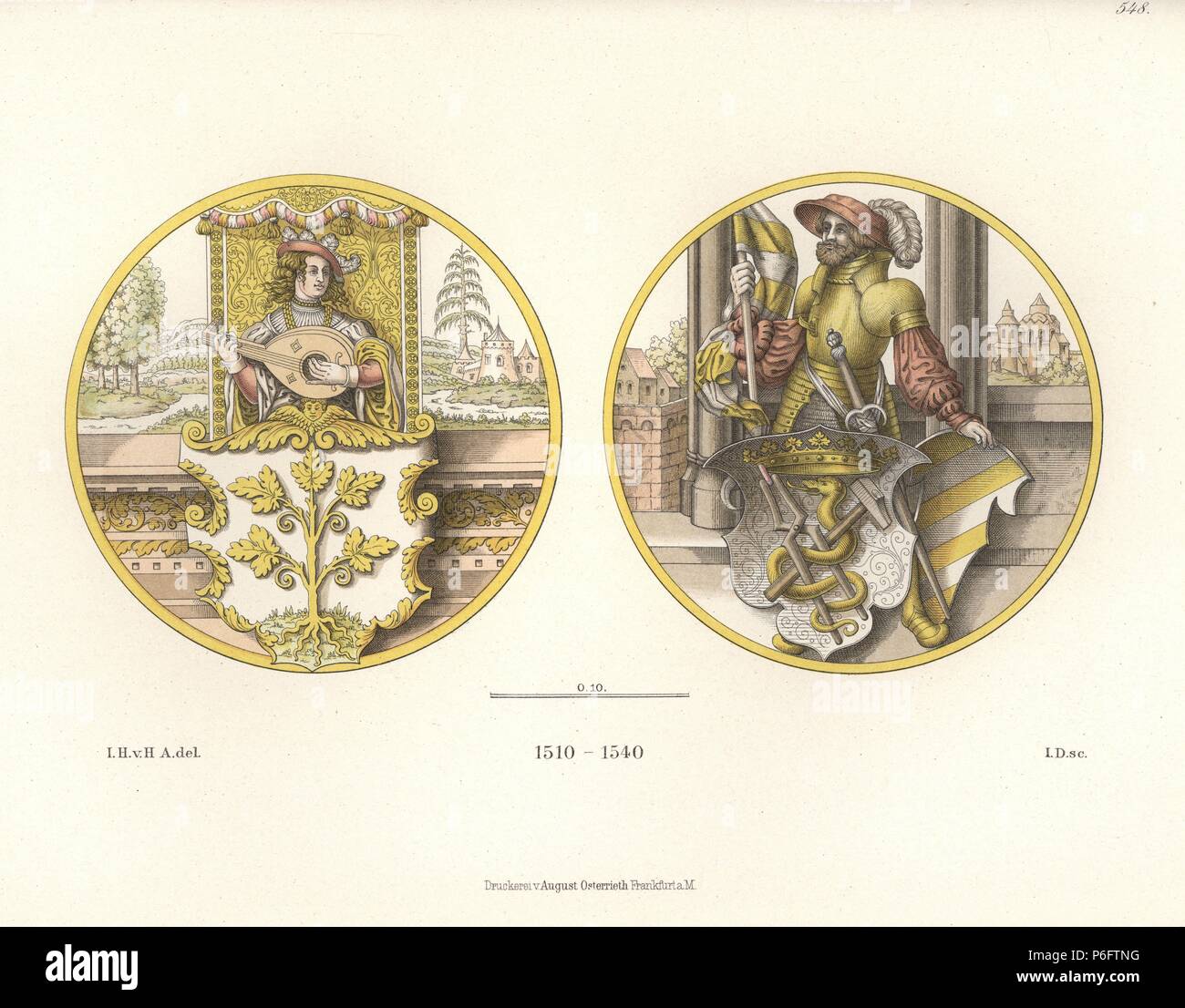 Glass paintings showing coats of arms with lute player and knight, early 16th century. The knight S. Florian holds the shield of a blacksmith's guild. Chromolithograph from Hefner-Alteneck's 'Costumes, Artworks and Appliances from the Middle Ages to the 17th Century,' Frankfurt, 1889. Illustration by Dr. Jakob Heinrich von Hefner-Alteneck, lithographed by L.D. Dr. Hefner-Alteneck (1811-1903) was a German museum curator, archaeologist, art historian, illustrator and etcher. Stock Photo