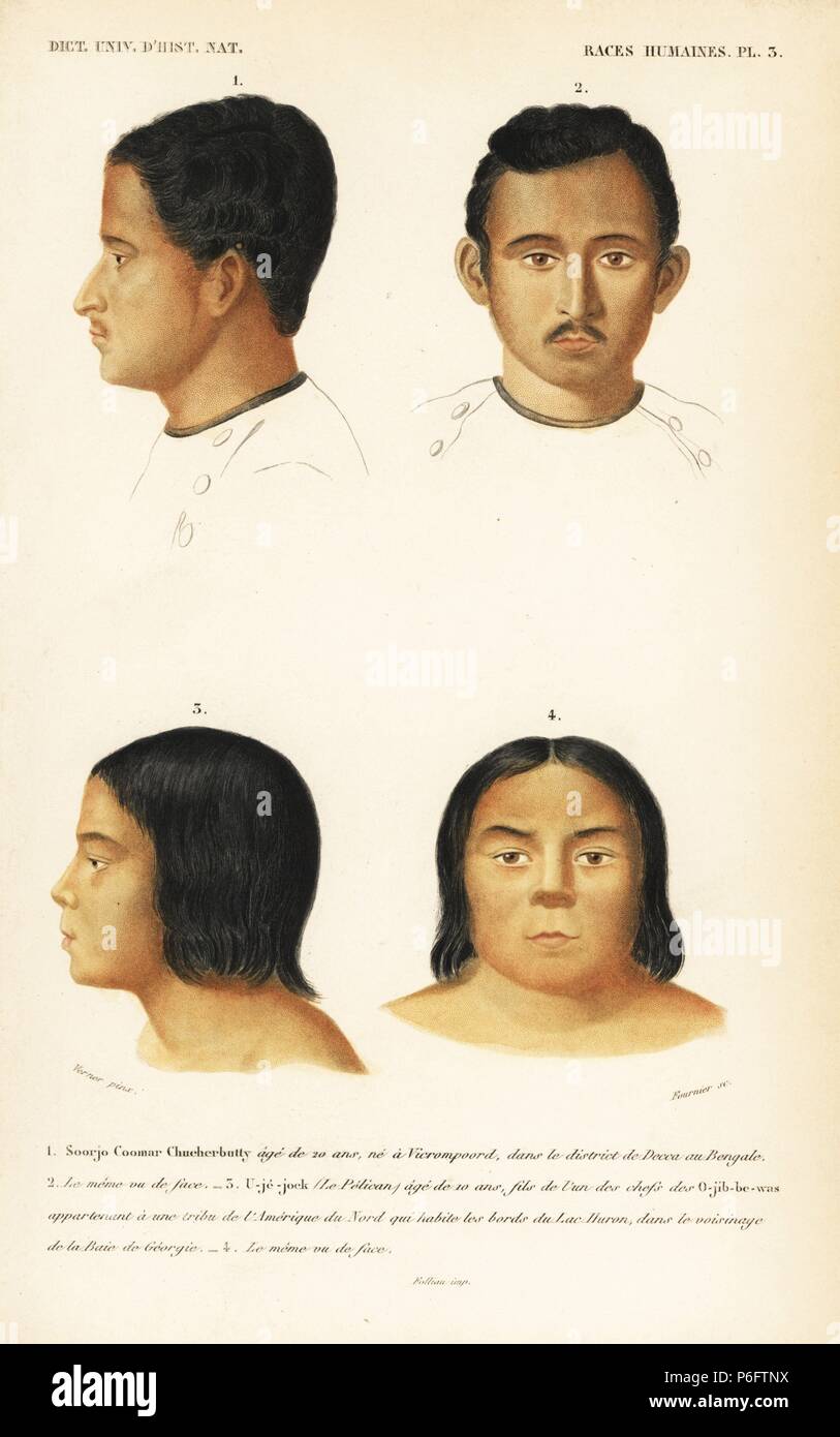 Portrait and profile of an Indian man, Soorjo Coomar Chucherbutty, age 20, from Decca, and U-je-jock, or Pelican, age 10, son of a chief of the Ojibwe Nation, Lake Huron. U-je-jock was one of a team of Ojibwe dancers who performed in London and Paris. Handcolored engraving by Fournier after an illustration by Verner from Charles d'Orbigny's Dictionnaire Universel d'Histoire Naturelle (Dictionary of Natural History), Paris, 1849. Stock Photo