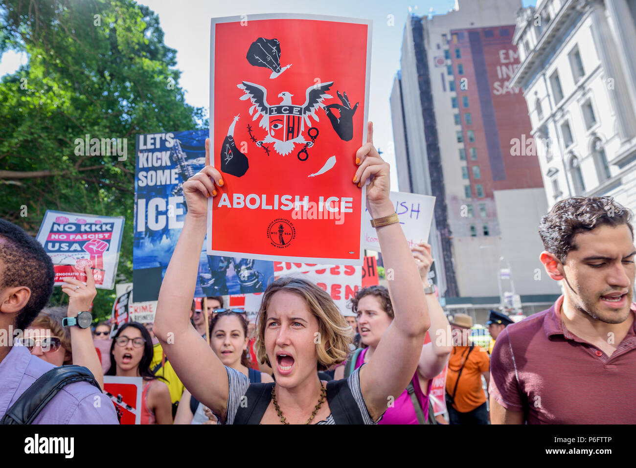 New York, United States. 29th June, 2018. The NYC Democratic Socialists of America organized the march to #AbolishICE on Friday June 29, 2018. The march began at City Hall, walk past the Attorney General's Office, and end at 26 Federal Plaza-the site of ICE's Enforcement Removal Operations Office. Credit: Erik McGregor/Pacific Press/Alamy Live News Stock Photo