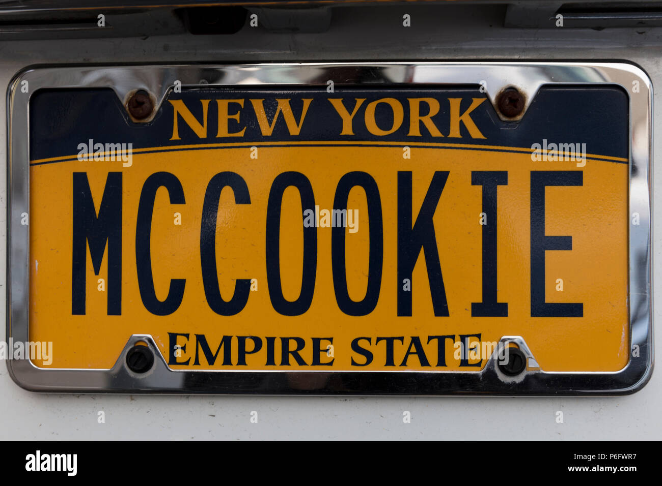 June 3, 2018 - New York, New York - License plate reads MCCOOKIE, New York State Stock Photo