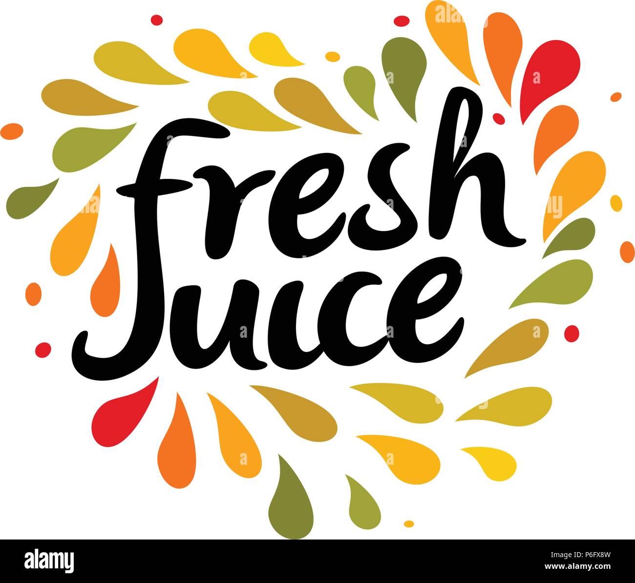 Fresh juice emblem. Colorful juice drops splashed around the heart shape with text inside on white background. Modern fun style logo template. Stock Vector