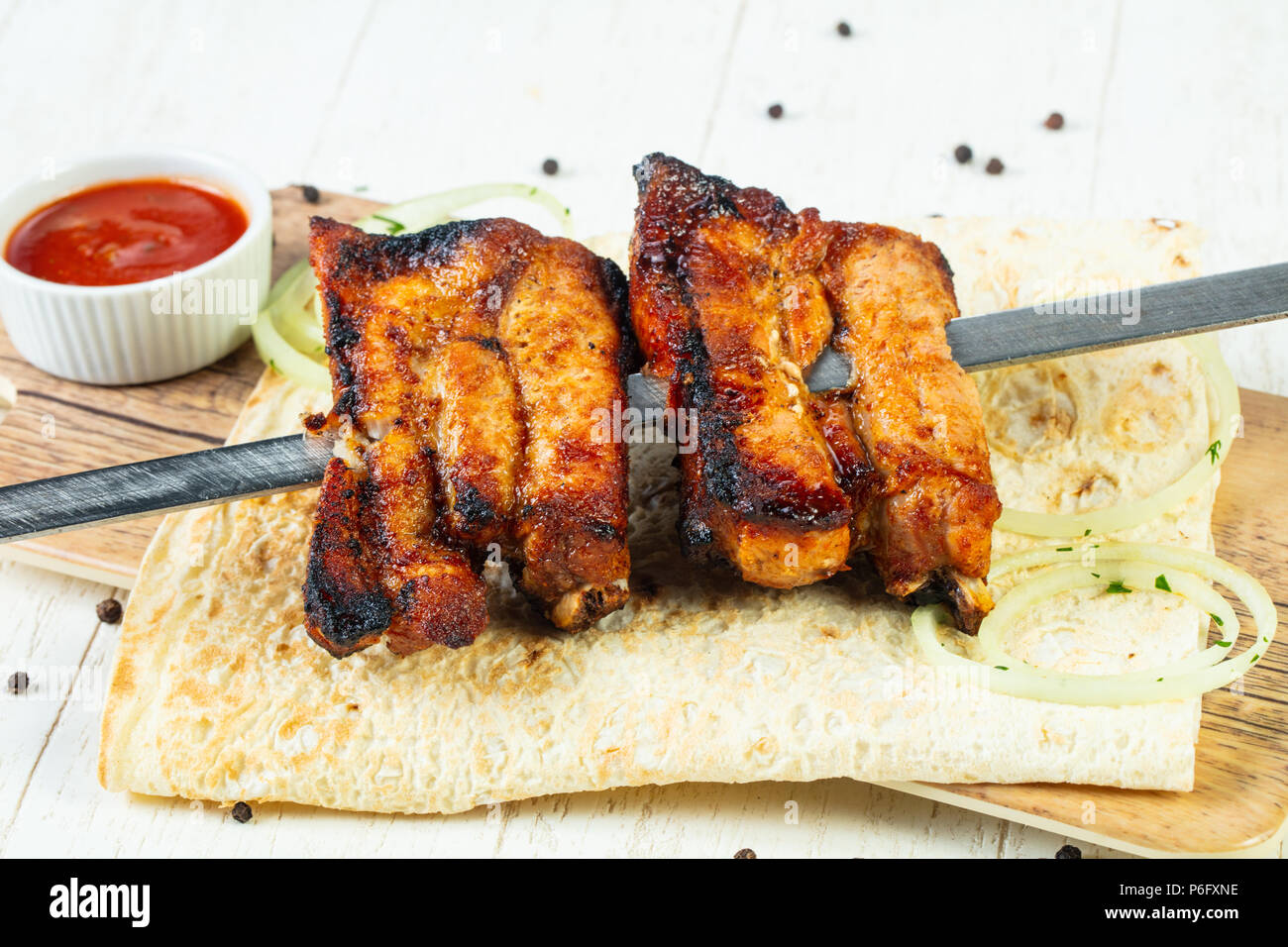 Grilled pork ribs skewer kebab Stock Photo Alamy