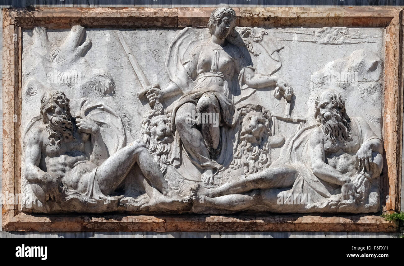 Relief representing Venice as Justice from the Loggetta by Jacopo Sansovino, under the Campanile di San Marco, Venice, Italy, Stock Photo