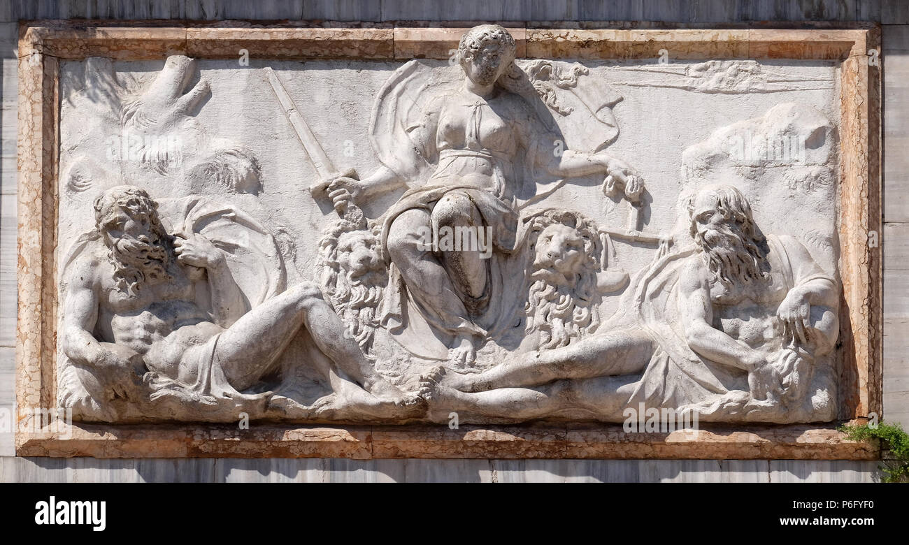 Relief representing Venice as Justice from the Loggetta by Jacopo Sansovino, under the Campanile di San Marco, Venice, Italy Stock Photo