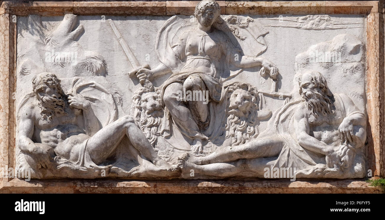 Relief representing Venice as Justice from the Loggetta by Jacopo Sansovino, under the Campanile di San Marco, Venice, Italy Stock Photo