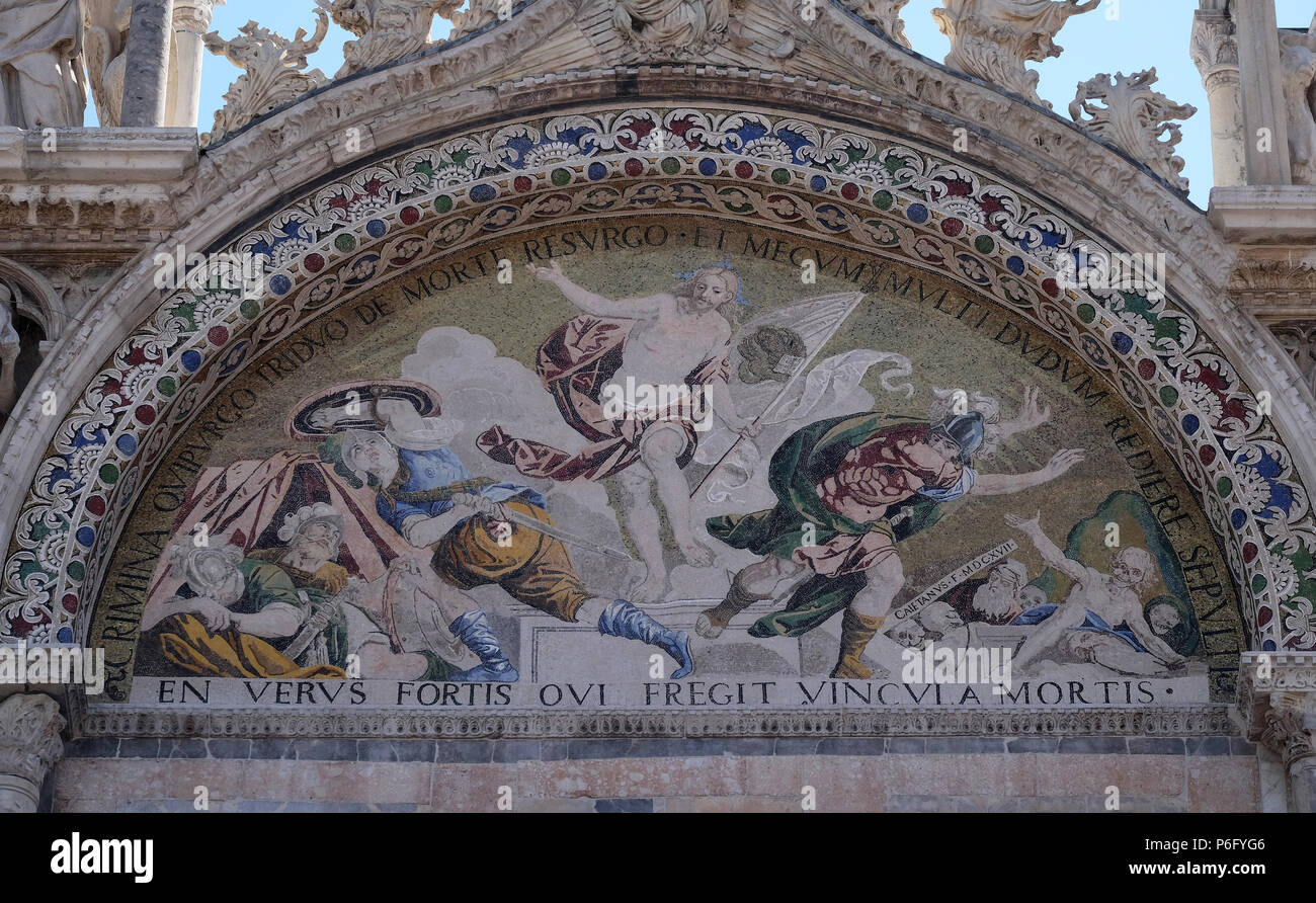 Resurrection, mosaic on the upper right arch of the facade of St. Mark's Basilica, St. Mark's Square, Venice, Italy Stock Photo