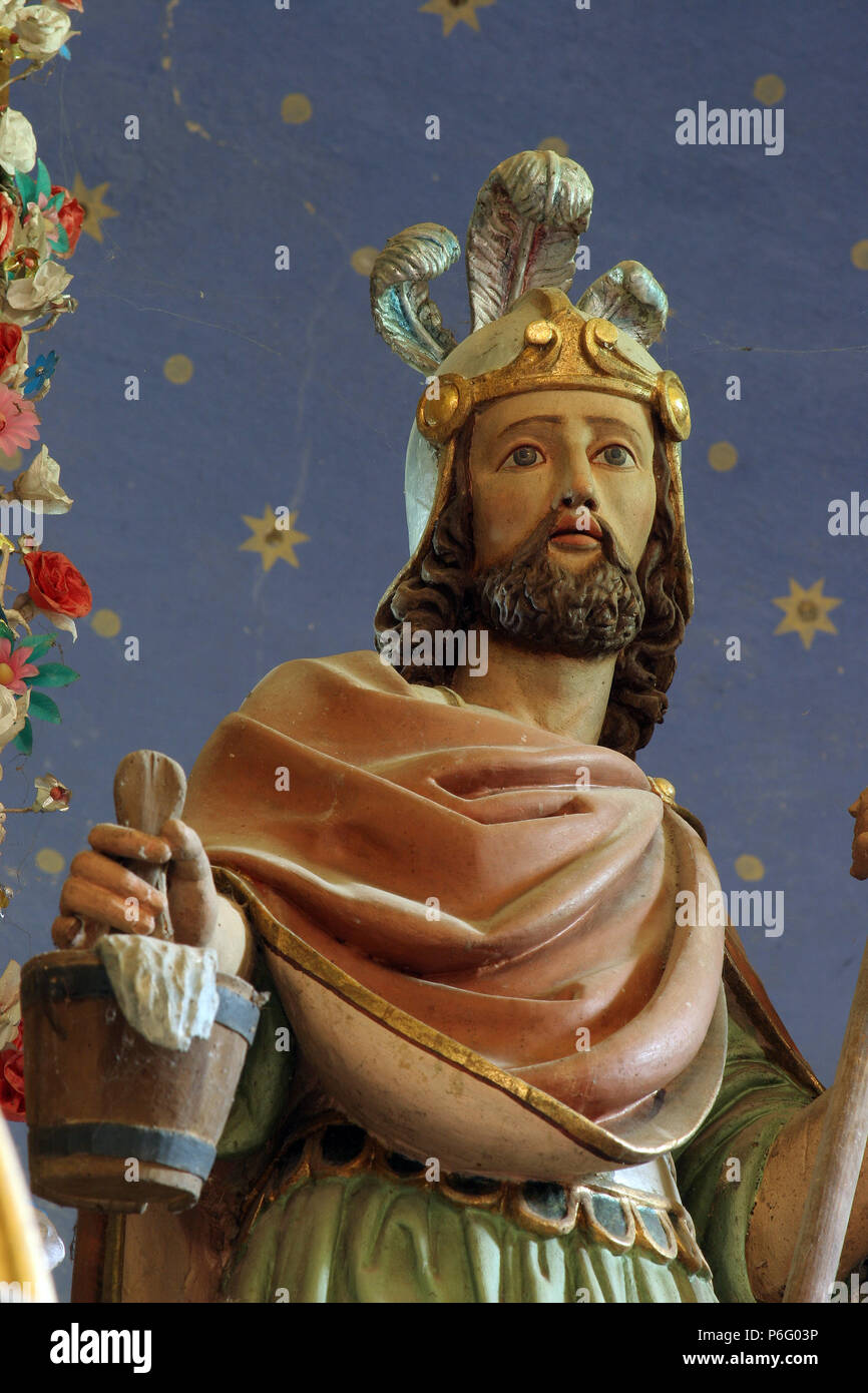 Saint Florian, statue on the main altar in Saint Catherine of Alexandria church in Ribnicki Kunic, Croatia Stock Photo