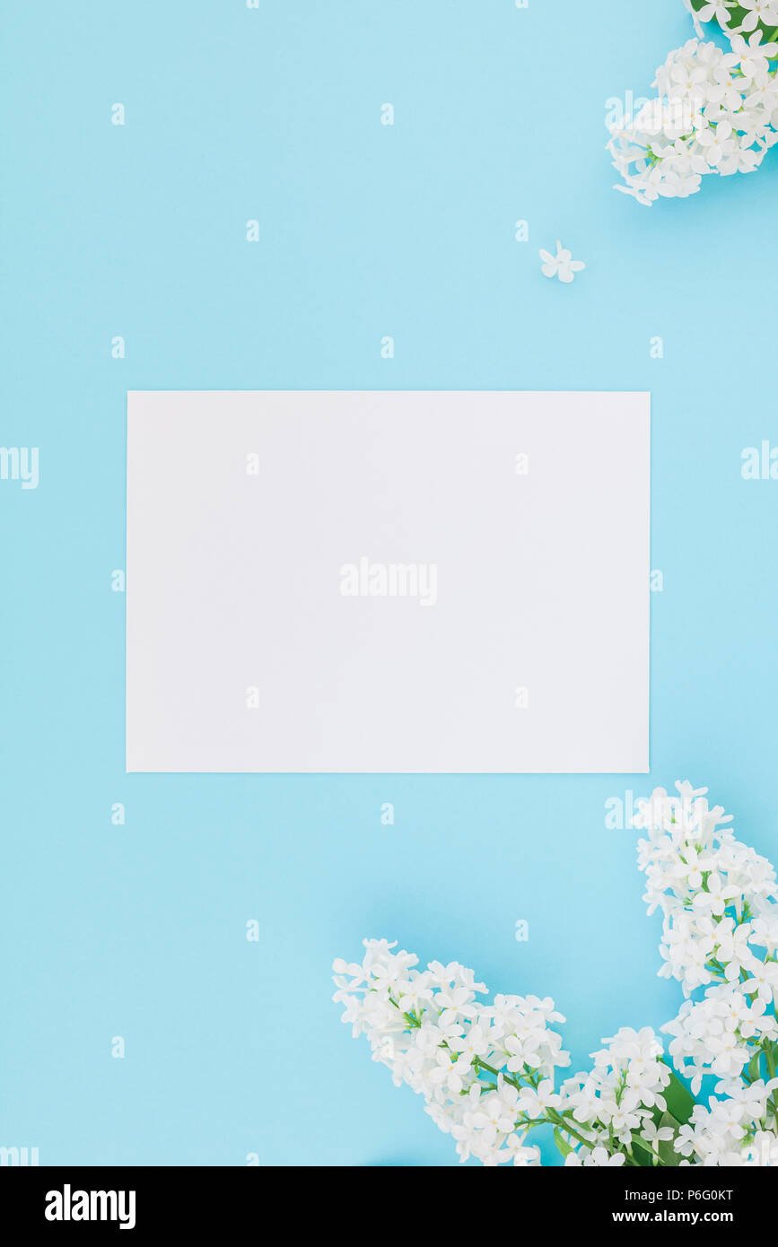 Creative flat lay concept top view of blank postcard frame mock up and ...