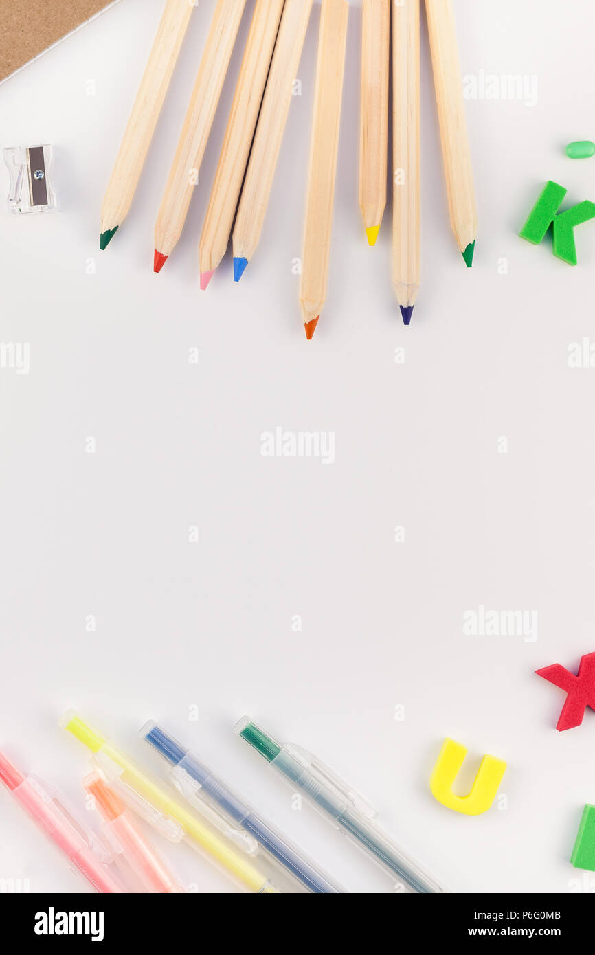 Creative flat lay back to school concept with color school and office ...
