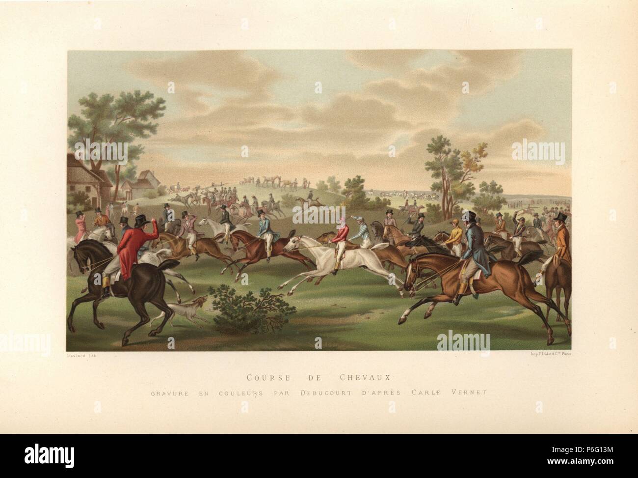 French fox hunt on horseback, circa 1800. Drawn by Carle Vernet, chromolithograph by Gaulard from Paul Lacroix's 'Directoire, Consulat et Empire,' Paris, 1884. Stock Photo