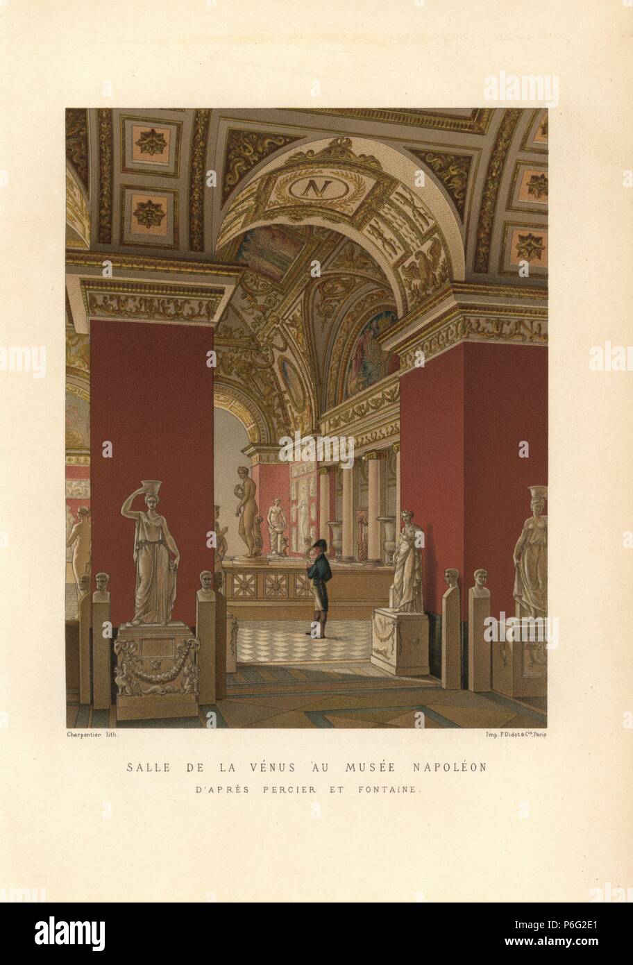 The room of Venus in the Musee Napoleon (now the Louvre), 1810. Room and corridors under arched ceilings with Napoleon's 'N' mark, crowded with classical Greek and Roman statues. Drawn by Percier and Fontaine, lithograph by Charpentier. Chromolithograph from Paul Lacroix's 'Directoire, Consulat et Empire,' Paris, 1884. Stock Photo
