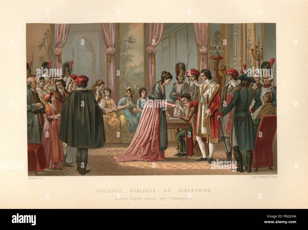 Public audience with the Directoire, Paris, 1800. A woman presents a letter to a secretary and other officials of the Directory while soldiers and citizens watch. Illustration drawn by Chataignier, chromolithograph by Brandin from Paul Lacroix's 'Directoire, Consulat et Empire,' Paris, 1884. Stock Photo