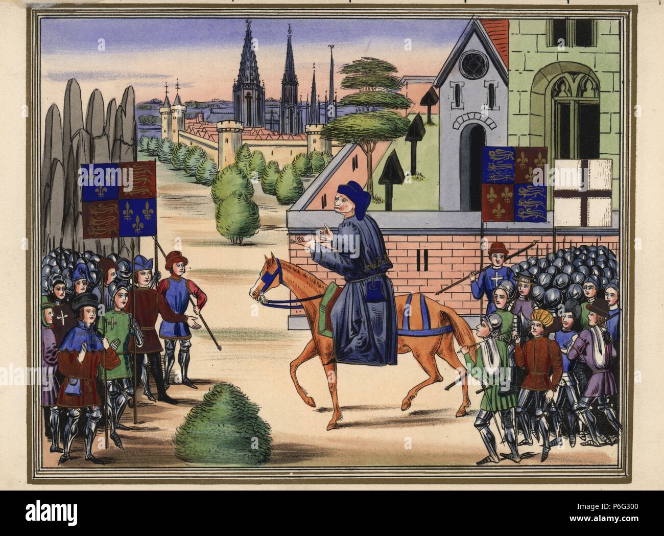 John Ball, Lollard priest, on horseback, encouraging Wat Tyler (far left) and his rebels during the Peasants' Revolt of 1381. Banners of England and St. George. Handcoloured lithograph after an illuminated manuscript from Sir John Froissart's 'Chronicles of England, France, Spain and the Adjoining Countries, from the Latter Part of the Reign of Edward II to the Coronation of Henry IV,' George Routledge, London, 1868. Stock Photo