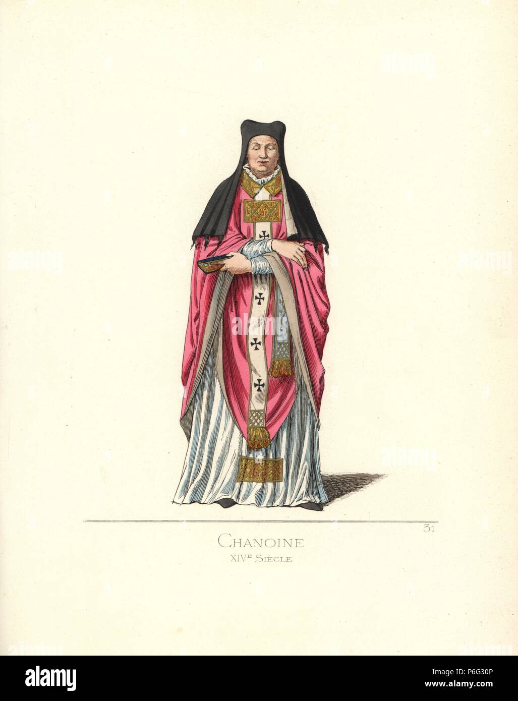 Canon, 14th century. He wears an almuce, alb, and cassock. From a tomb in the church of Santa Cecilia in Trastevere, Rome. Handcoloured illustration drawn and lithographed by Paul Mercuri with text by Camille Bonnard from "Historical Costumes from the 12th to 15th Centuries," Levy Fils, Paris, 1860. Stock Photo