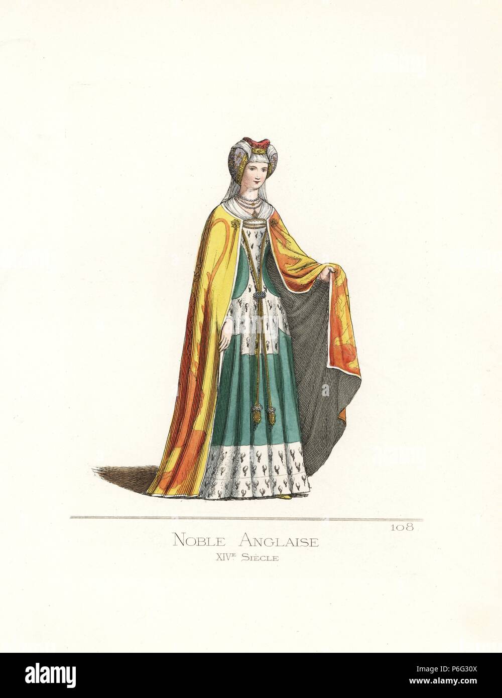 Costume of an English noblewoman, 14th century. She wears a headdress red crown and violet ear covers, white veil, cape decorated with heraldic lions, green dress trimmed with ermine. From the sepulchral stone of Joyeuese Tiptoft in a church in Enfield, died 1446. Handcoloured illustration drawn and lithographed by Paul Mercuri with text by Camille Bonnard from 'Historical Costumes from the 12th to 15th Centuries,' Levy Fils, Paris, 1861. Stock Photo