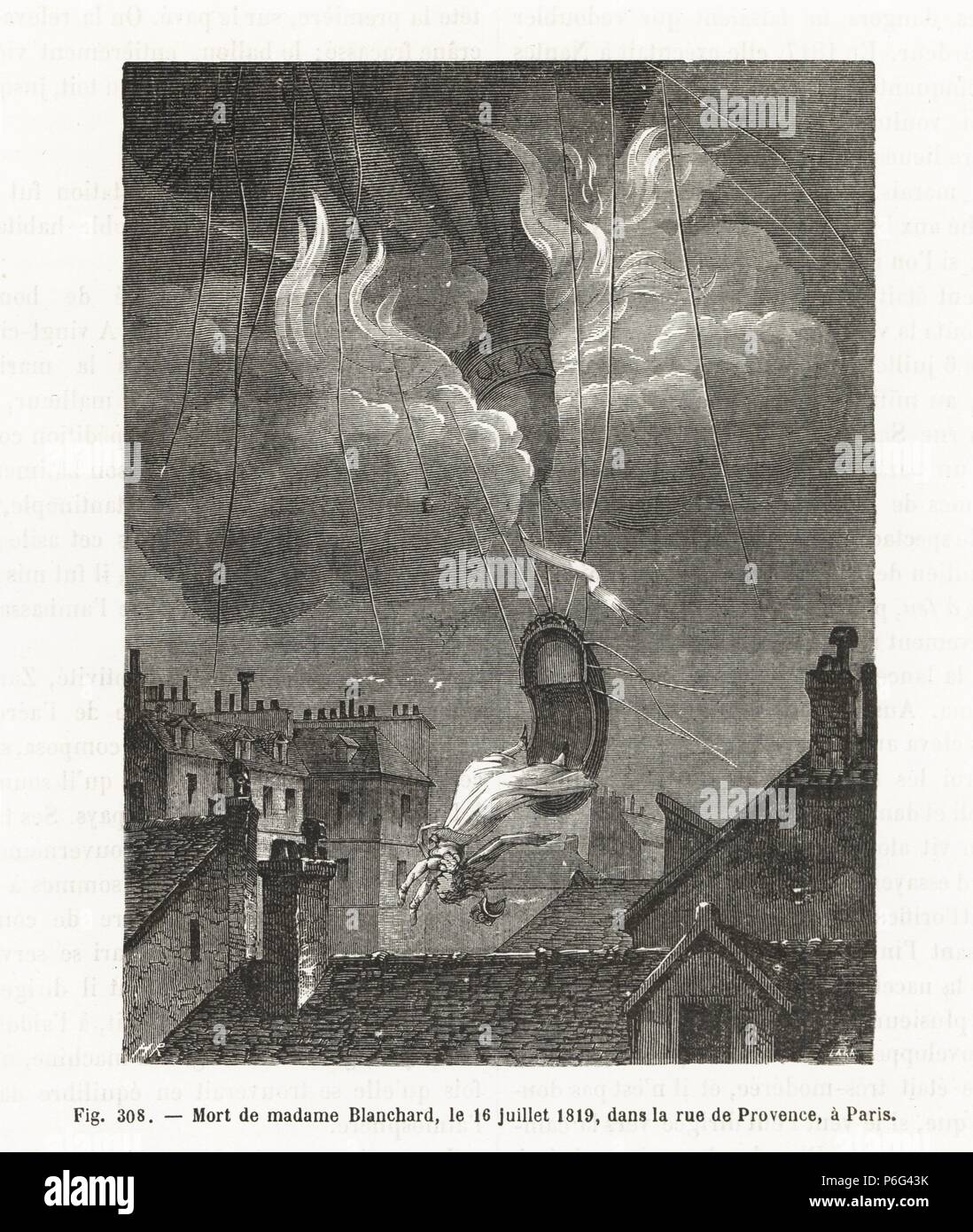 Death of Madame Sophie Blanchard after fireworks ignited her balloon, Paris, 1819. Blanchard (1778-1819), French aeronaut and wife of Jean-Pierre Blanchard. Woodblock engraving by H. Rousseau after SKKI from Louis Figuier's 'Les Merveilles de la Science: Aerostats' (Marvels of Science: Air Balloons), Furne, Jouvet et Cie, Paris, 1868. Stock Photo