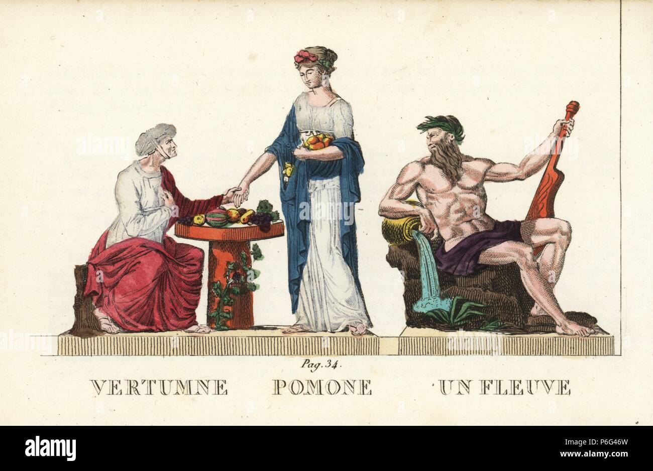 Vertumnus, Pomona and a Greek river god, classical gods of the seasons, fruit and rivers. Handcoloured copperplate engraving engraved by Jacques Louis Constant Lacerf after illustrations by Leonard Defraine from 'La Mythologie en Estampes' (Mythology in Prints, or Figures of Fabled Gods), Chez P. Blanchard, Paris, c.1820. Stock Photo