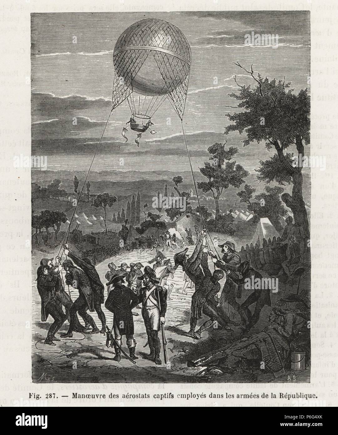 French Revolutionary Army soldiers using ropes to position tethered balloons during a battle, late 18th century. Woodblock engraving by Mes after A.B. from Louis Figuier's "Les Merveilles de la Science: Aerostats" (Marvels of Science: Air Balloons), Furne, Jouvet et Cie, Paris, 1868. Stock Photo