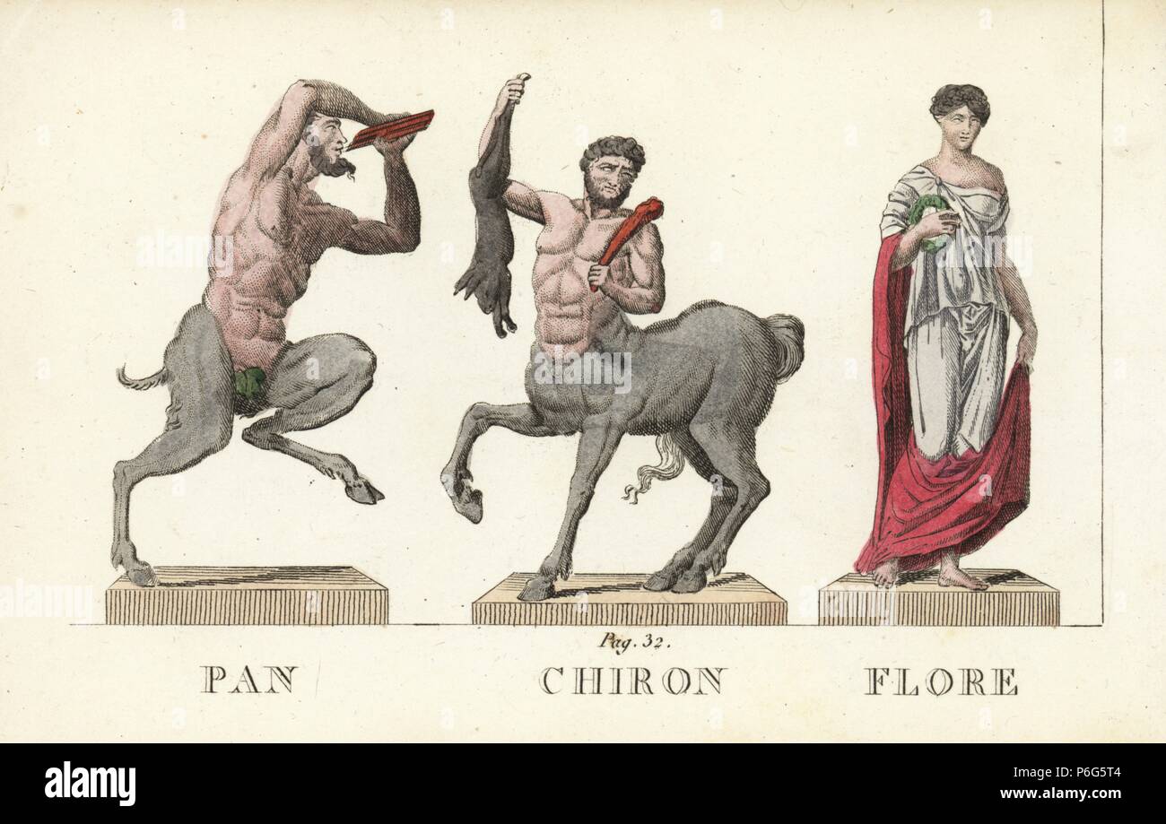 Pan, Chiron and Flora, Roman and Greek gods of nature, medicine and flowers. Handcoloured copperplate engraving engraved by Jacques Louis Constant Lacerf after illustrations by Leonard Defraine from 'La Mythologie en Estampes' (Mythology in Prints, or Figures of Fabled Gods), Chez P. Blanchard, Paris, c.1820. Stock Photo